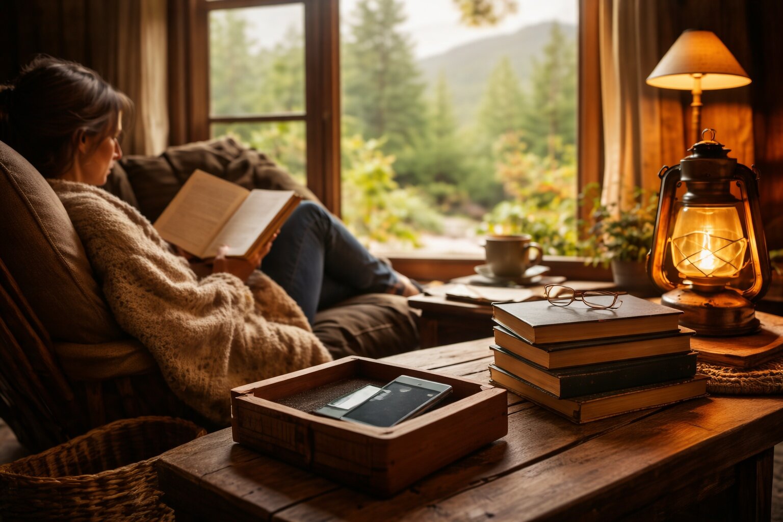 Readers enjoying digital detox reading retreats in a peaceful lodge