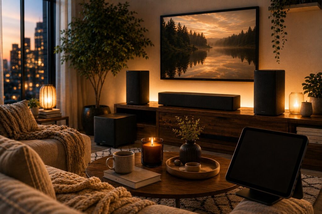 Bose Lifestyle speakers creating immersive cozy tech atmosphere in modern living space