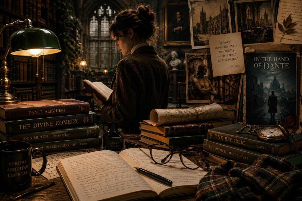 Dark Academia aesthetic revival in 2026 featuring classic books vintage fashion and gothic architecture