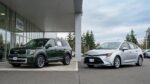 A side-by-side comparison of a new SUV and a used sedan at a Washington dealership.