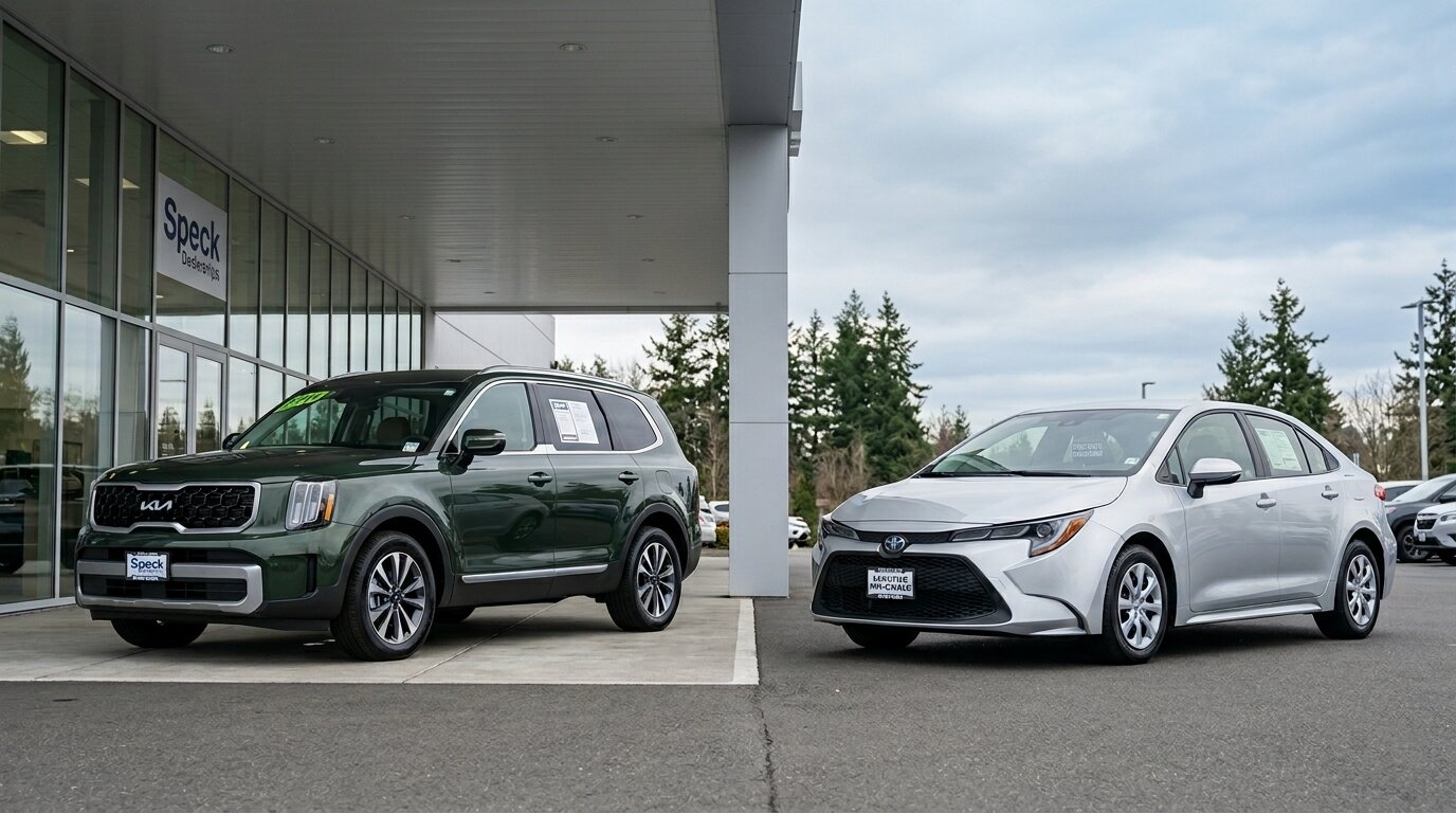 A side-by-side comparison of a new SUV and a used sedan at a Washington dealership.